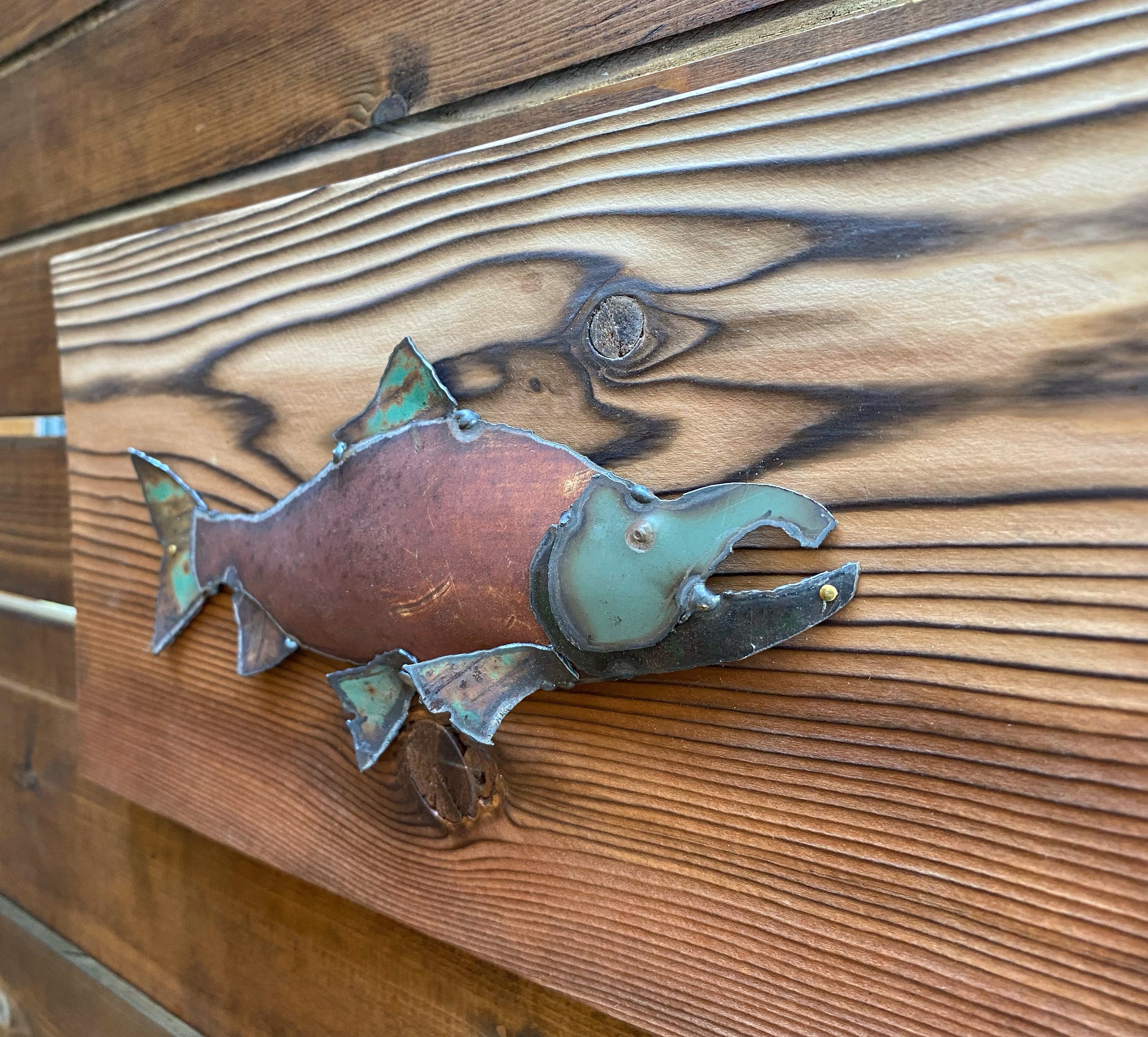 ssf0004 Angle Fish Reclaimed Metal Sculpture on Shou Sugi Ban